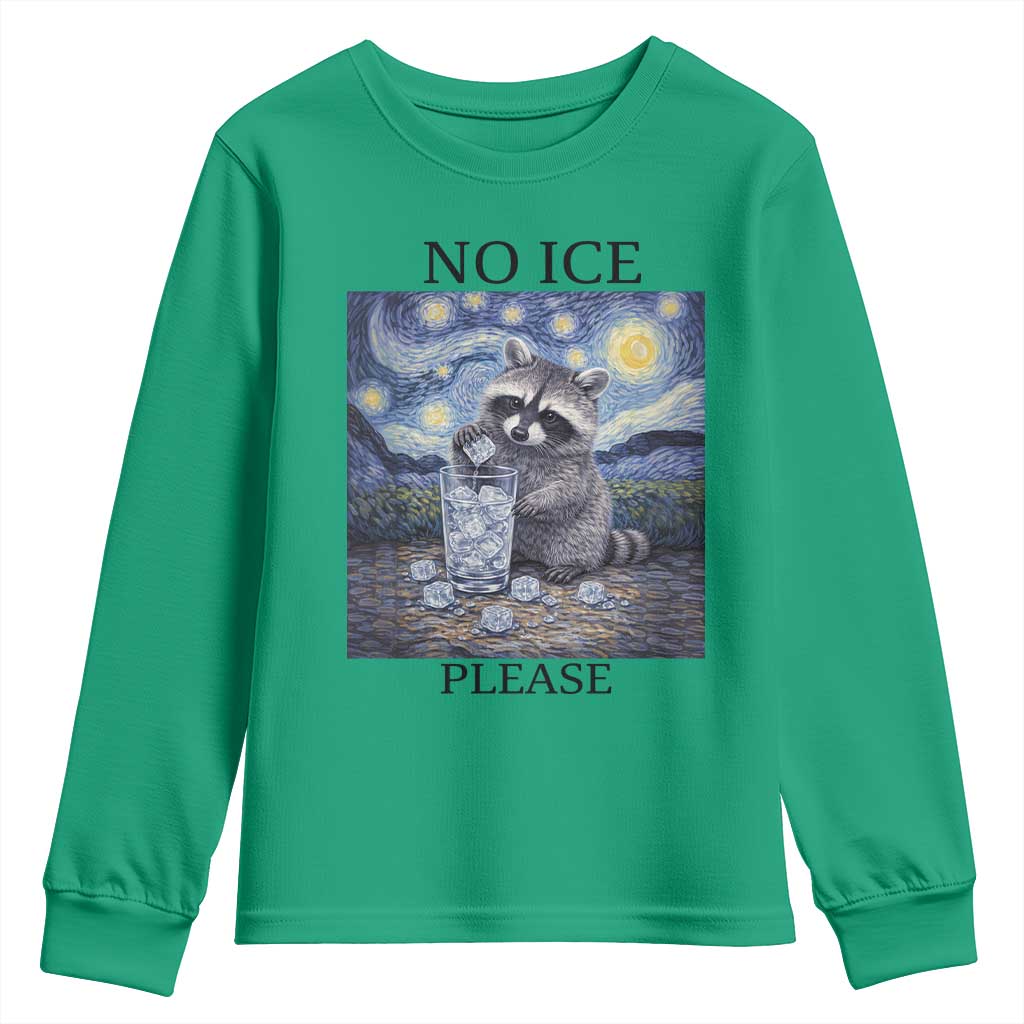 No Ice Please Youth Sweatshirt Starry Night Raccoon Trash Panda Anti ICE Meme TS14 Irish Green Print Your Wear