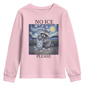 No Ice Please Youth Sweatshirt Starry Night Raccoon Trash Panda Anti ICE Meme TS14 Light Pink Print Your Wear