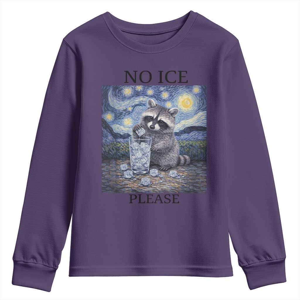 No Ice Please Youth Sweatshirt Starry Night Raccoon Trash Panda Anti ICE Meme TS14 Purple Print Your Wear