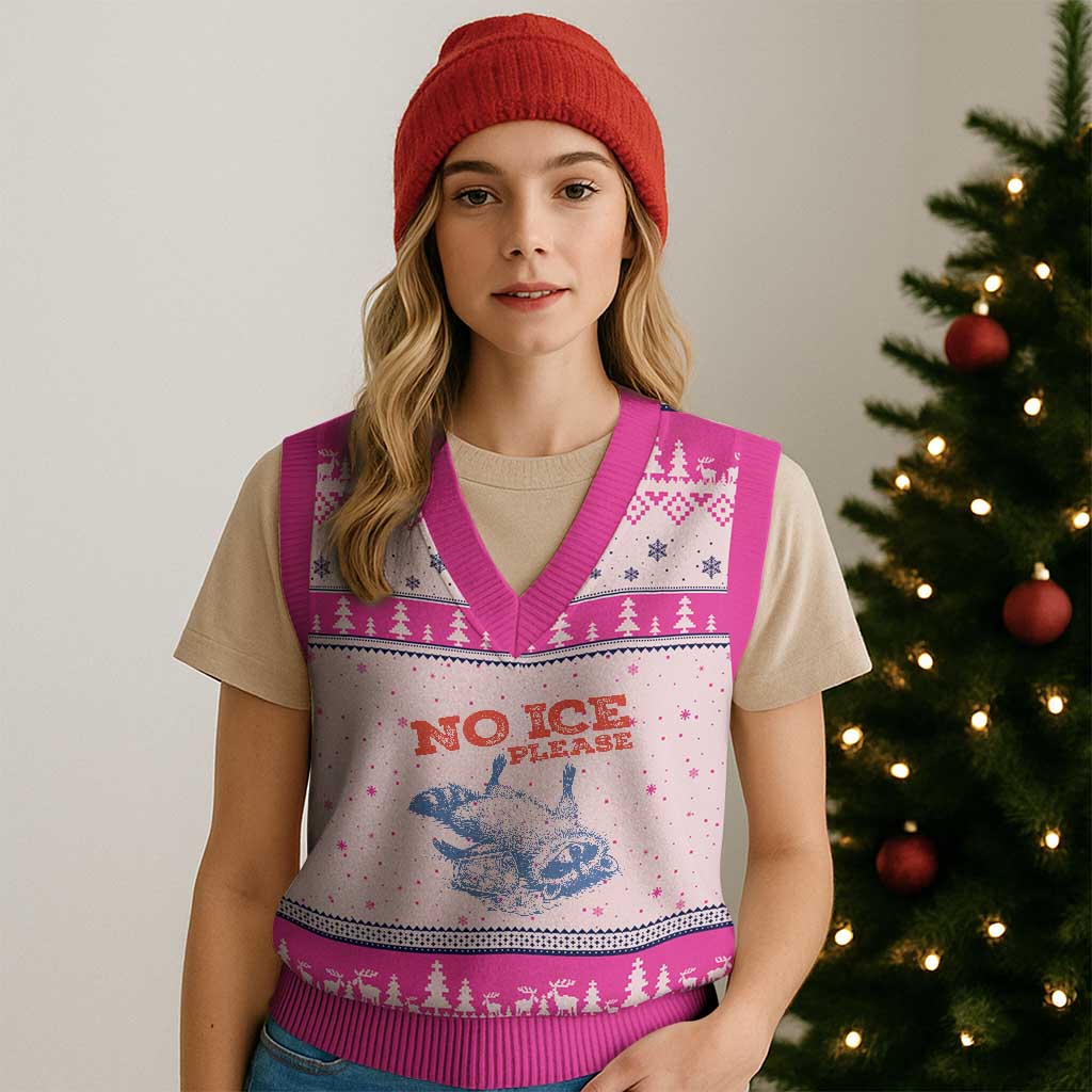 No Ice Please V-Neck Knit Sweater Vest Funny Raccoon Trash Panda Anti ICE Meme TS14 Hot Pink Print Your Wear