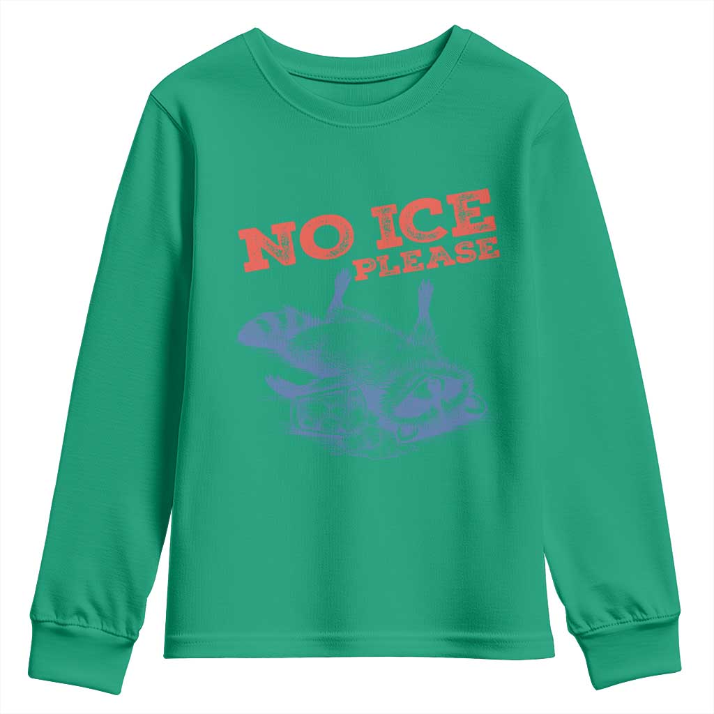 No Ice Please Youth Sweatshirt Funny Raccoon Trash Panda Anti ICE Meme TS14 Irish Green Print Your Wear