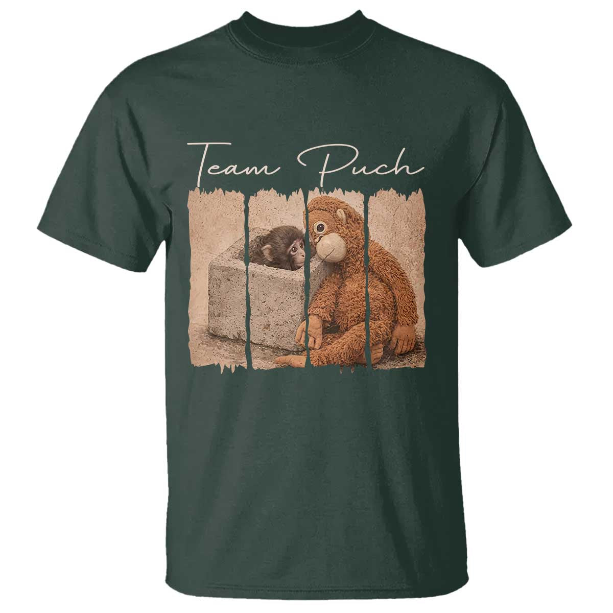 Team Punch T Shirt Baby Monkey And Plush Toy Viral TS14 Dark Forest Green Print Your Wear