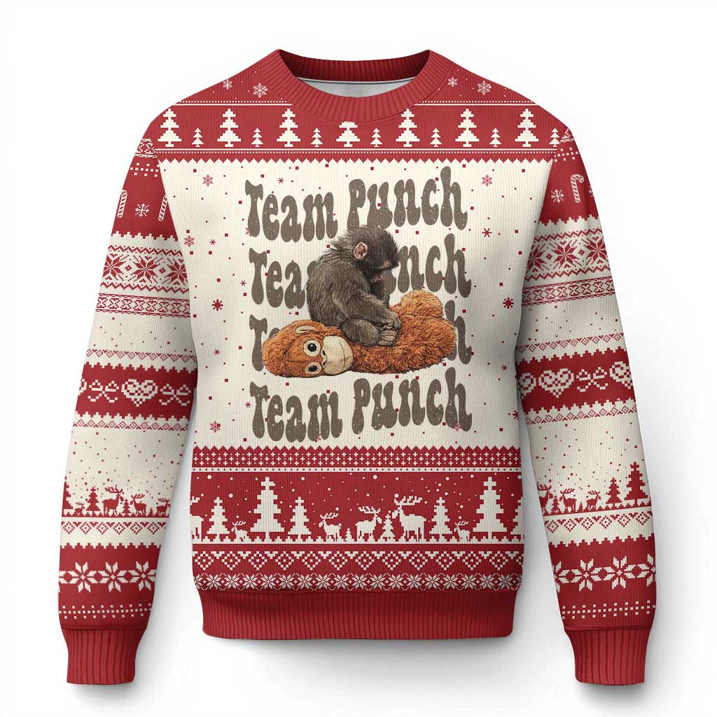 Team Punch Monkey Ugly Christmas Sweater Baby Monkey And Plush Toy Viral TS14 Beige Red Print Your Wear