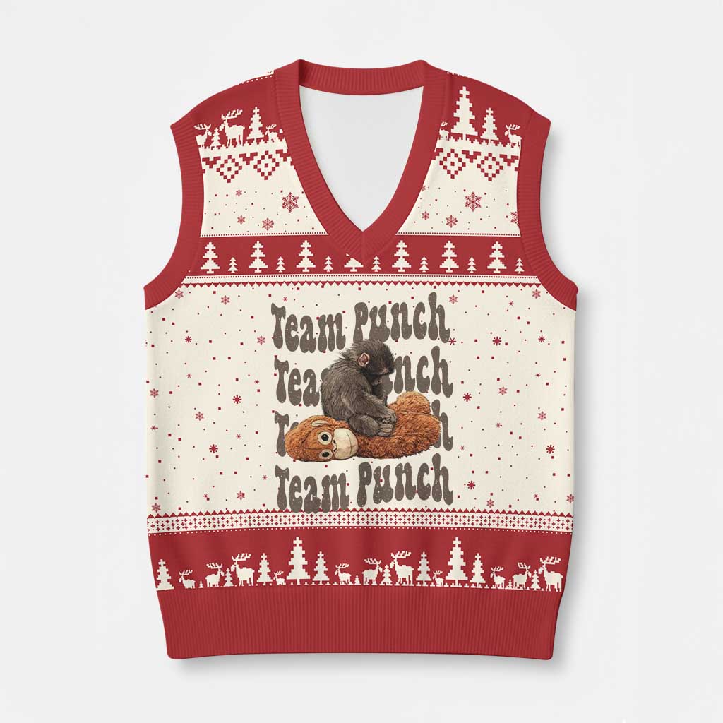 Team Punch Monkey V-Neck Knit Sweater Vest Baby Monkey And Plush Toy Viral TS14 Beige Red Print Your Wear