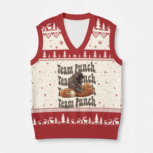 Team Punch Monkey V-Neck Knit Sweater Vest Baby Monkey And Plush Toy Viral TS14 Beige Red Print Your Wear