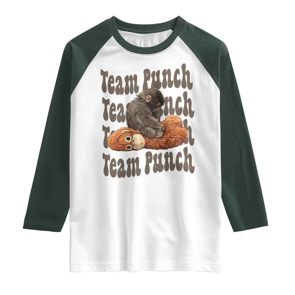 Team Punch Monkey Raglan Shirt Baby Monkey And Plush Toy Viral TS14 White Dark Forest Green Print Your Wear