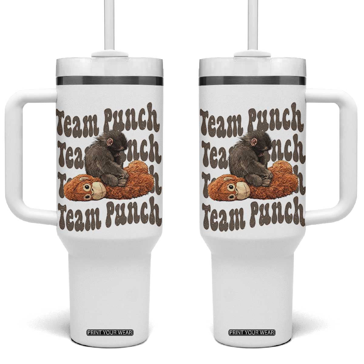Team Punch Monkey Tumbler With Handle Baby Monkey And Plush Toy Viral TS14 One Size: 40 oz White Print Your Wear
