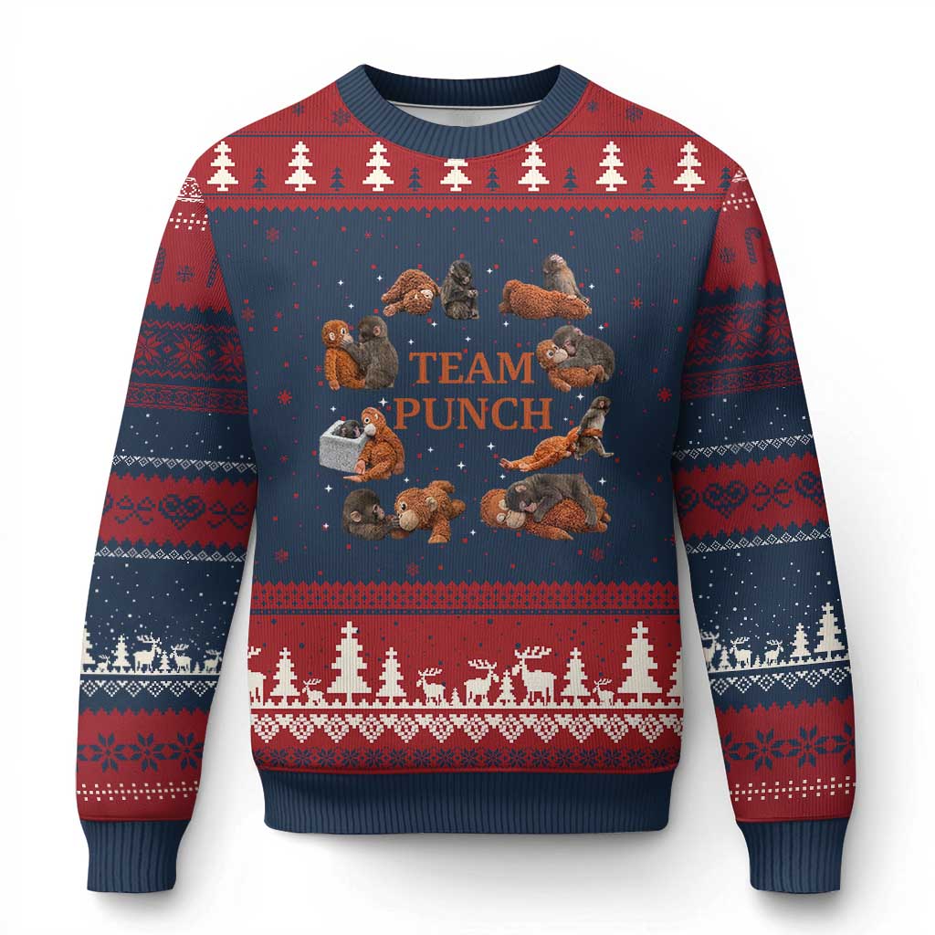 Team Punch Monkey Ugly Christmas Sweater Viral Baby Monkey Meme TS14 Navy Red Print Your Wear