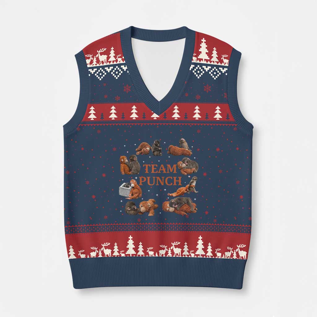 Team Punch Monkey V-Neck Knit Sweater Vest Viral Baby Monkey Meme TS14 Navy Red Print Your Wear