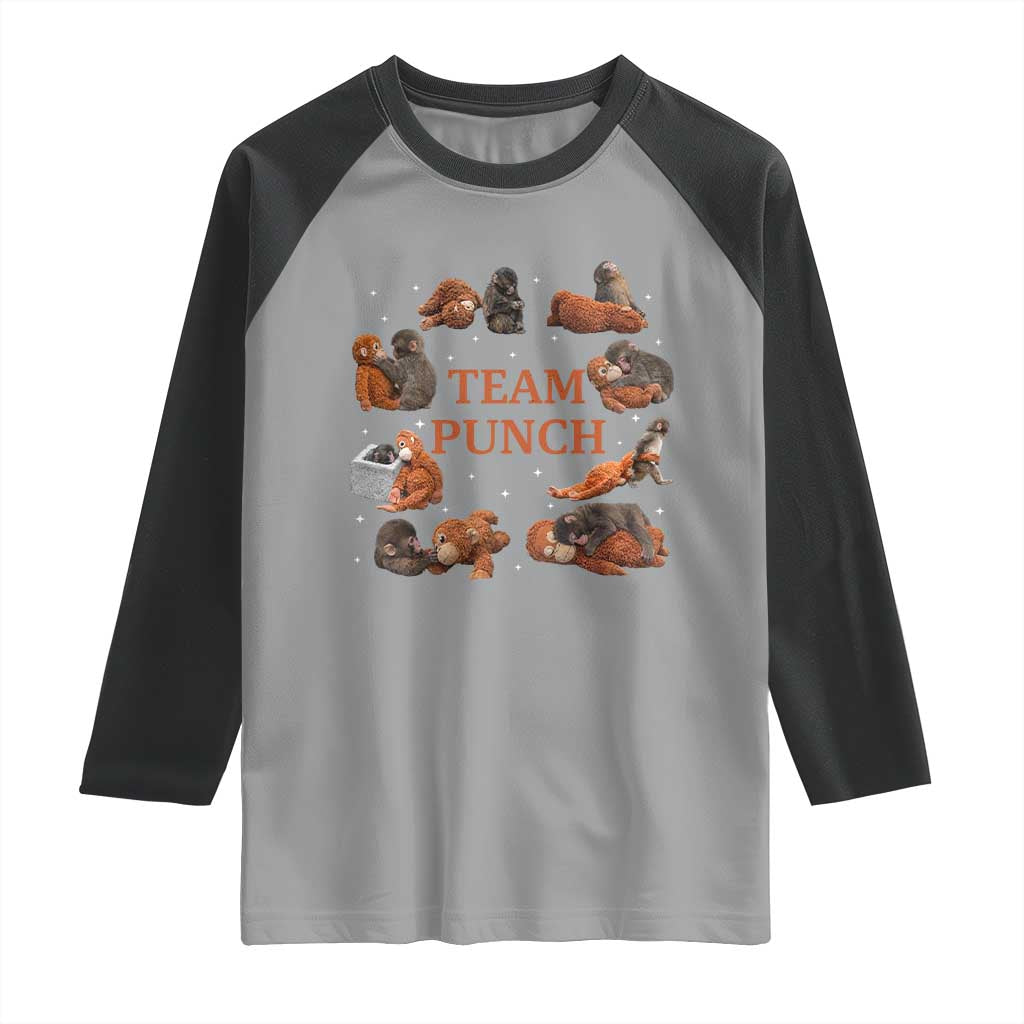 Team Punch Monkey Raglan Shirt Viral Baby Monkey Meme TS14 Sport Gray Black Print Your Wear