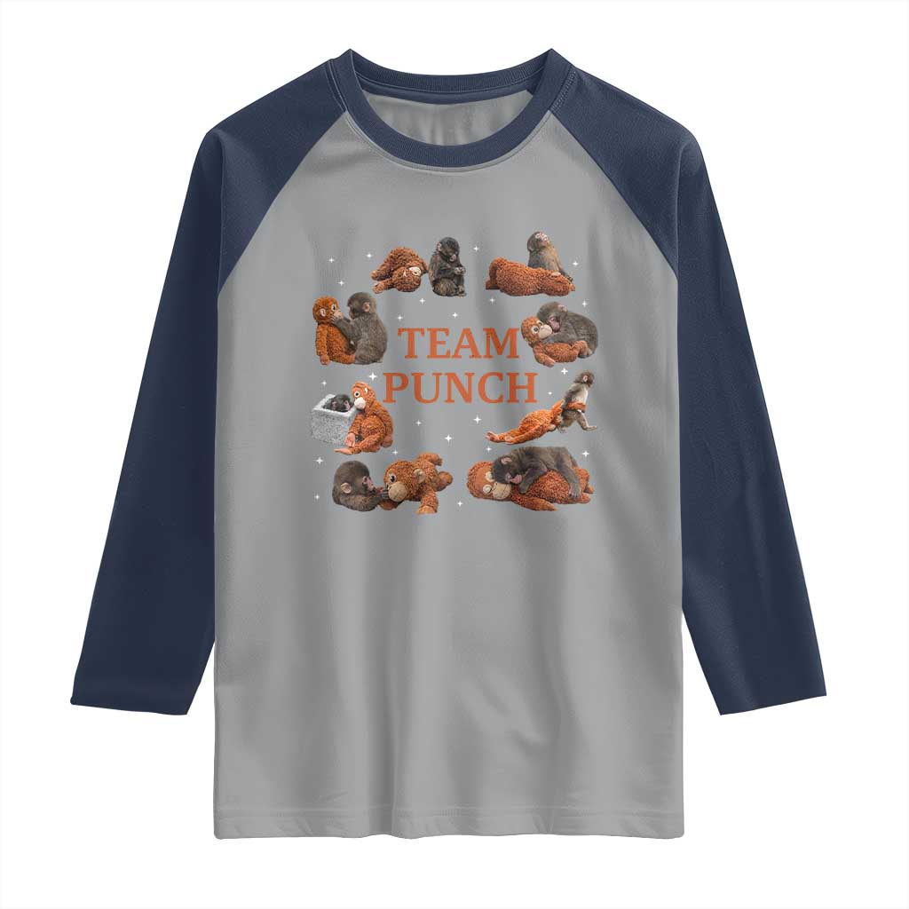 Team Punch Monkey Raglan Shirt Viral Baby Monkey Meme TS14 Sport Gray Navy Print Your Wear