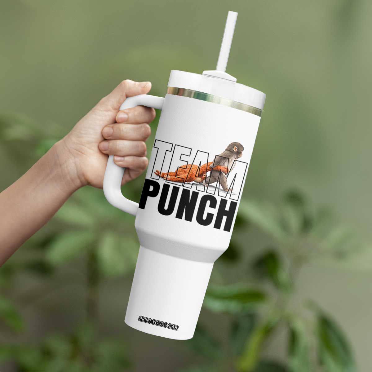 Team Punch Monkey Tumbler With Handle Viral Trend Baby Monkey Meme TS14 Print Your Wear