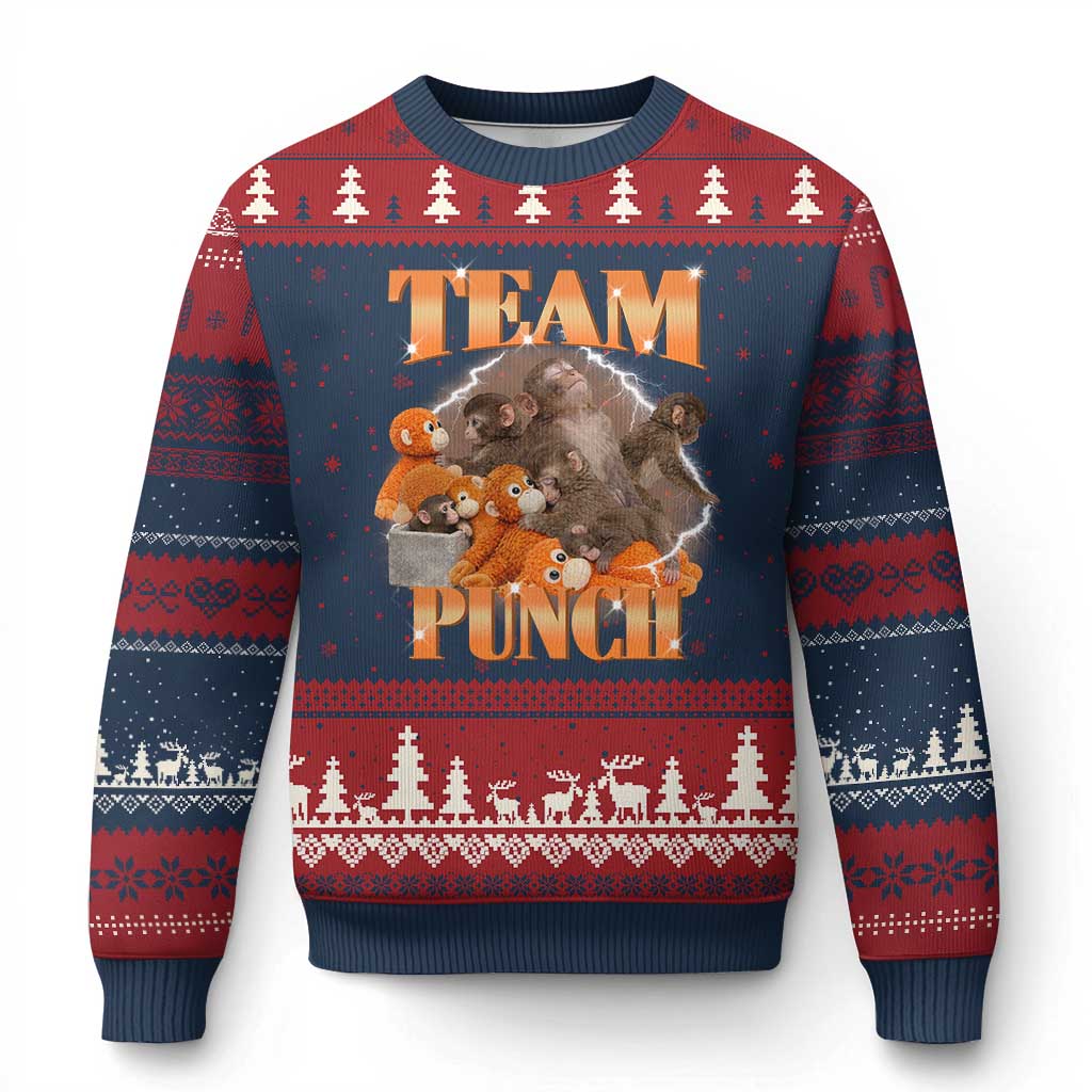 Viral Punch Monkey Ugly Christmas Sweater Cute Baby Monkey With Plush Toy Meme TS14 Navy Red Print Your Wear