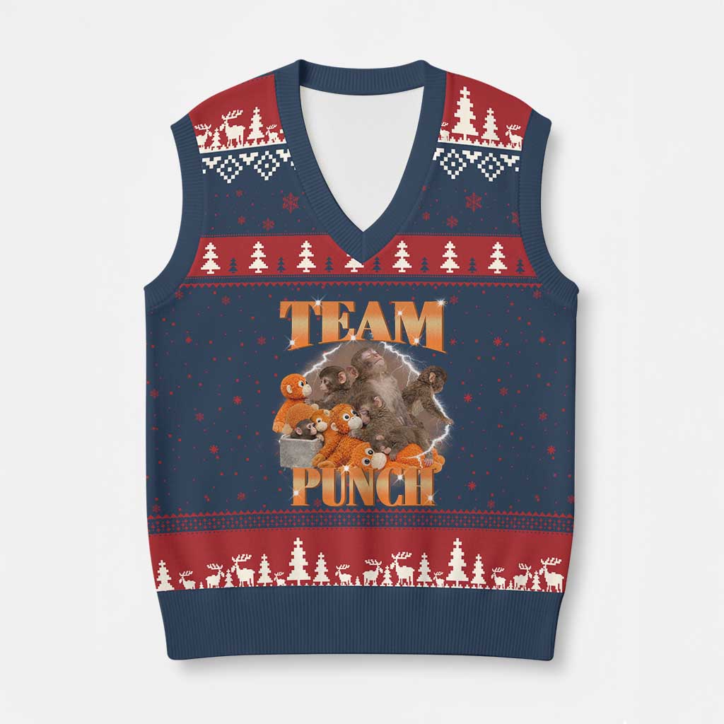 Viral Punch Monkey V-Neck Knit Sweater Vest Cute Baby Monkey With Plush Toy Meme TS14 Navy Red Print Your Wear