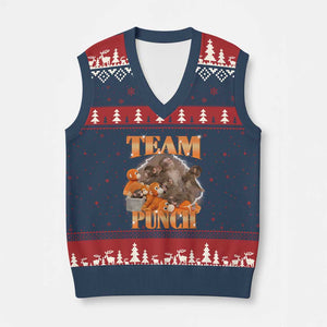 Viral Punch Monkey V-Neck Knit Sweater Vest Cute Baby Monkey With Plush Toy Meme TS14 Navy Red Print Your Wear