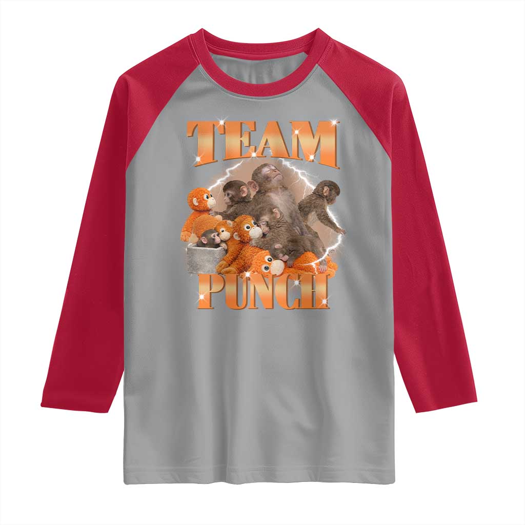 Viral Punch Monkey Raglan Shirt Cute Baby Monkey With Plush Toy Meme TS14 Sport Gray Red Print Your Wear