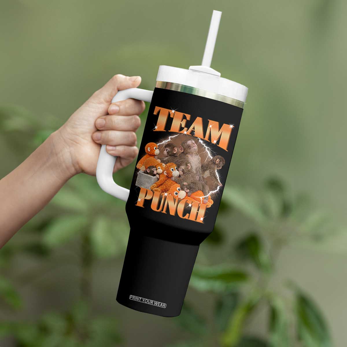 Viral Punch Monkey Tumbler With Handle Cute Baby Monkey With Plush Toy Meme TS14 Print Your Wear