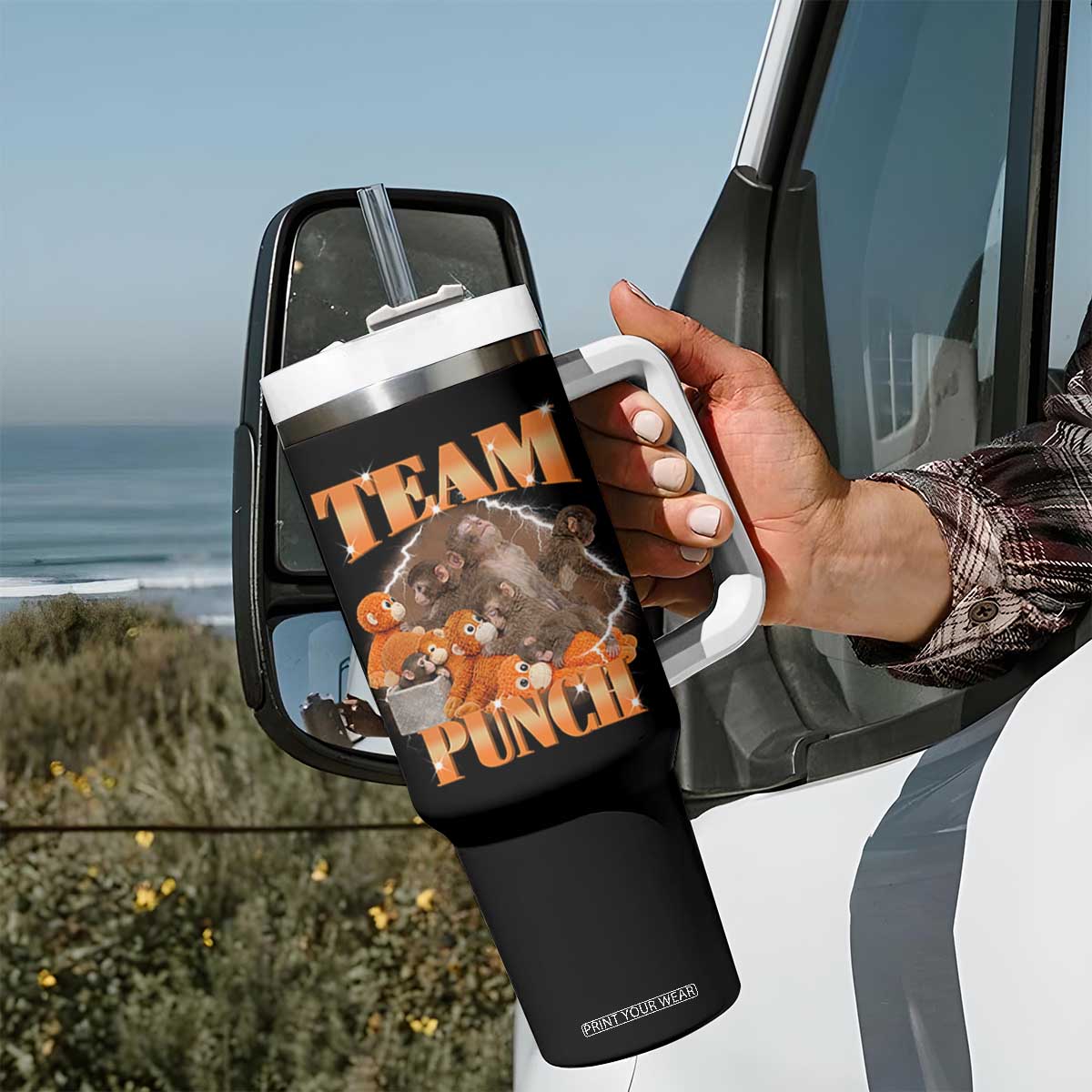 Viral Punch Monkey Tumbler With Handle Cute Baby Monkey With Plush Toy Meme TS14 Print Your Wear