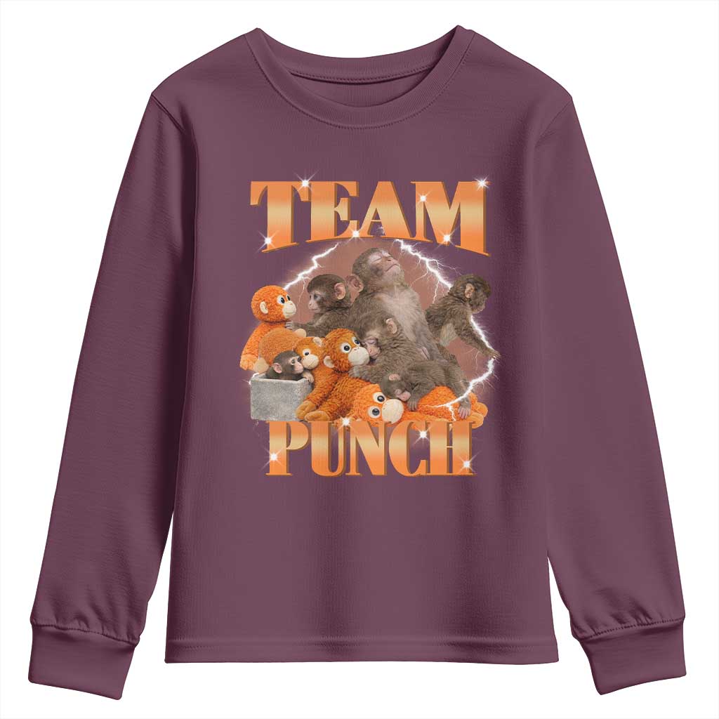 Viral Punch Monkey Youth Sweatshirt Cute Baby Monkey With Plush Toy Meme TS14 Maroon Print Your Wear