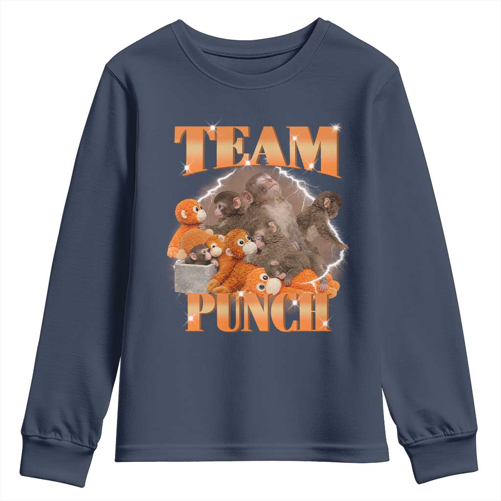 Viral Punch Monkey Youth Sweatshirt Cute Baby Monkey With Plush Toy Meme TS14 Navy Print Your Wear