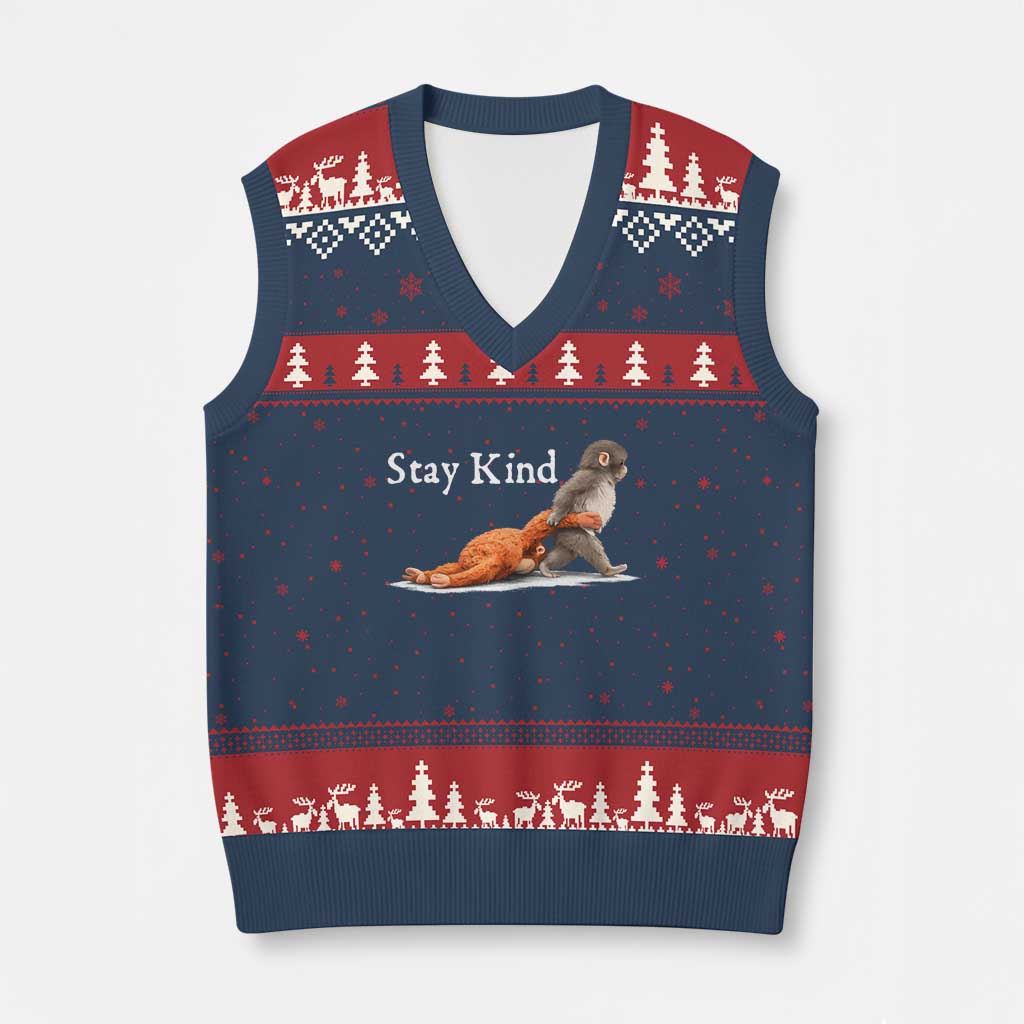 Punch Monkey Viral Trend V-Neck Knit Sweater Vest Stay Kind TS14 Navy Red Print Your Wear