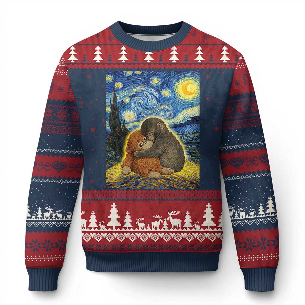 Punch Monkey Starry Night Viral Trend Ugly Christmas Sweater TS14 Navy Red Print Your Wear