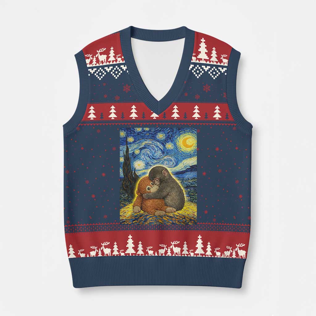 Punch Monkey Starry Night Viral Trend V-Neck Knit Sweater Vest TS14 Navy Red Print Your Wear