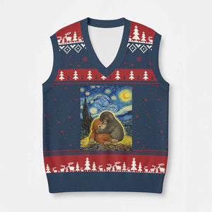 Punch Monkey Starry Night Viral Trend V-Neck Knit Sweater Vest TS14 Navy Red Print Your Wear