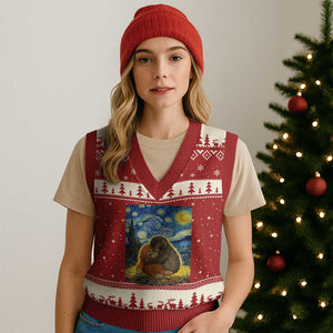 Punch Monkey Starry Night Viral Trend V-Neck Knit Sweater Vest TS14 Red Beige Print Your Wear