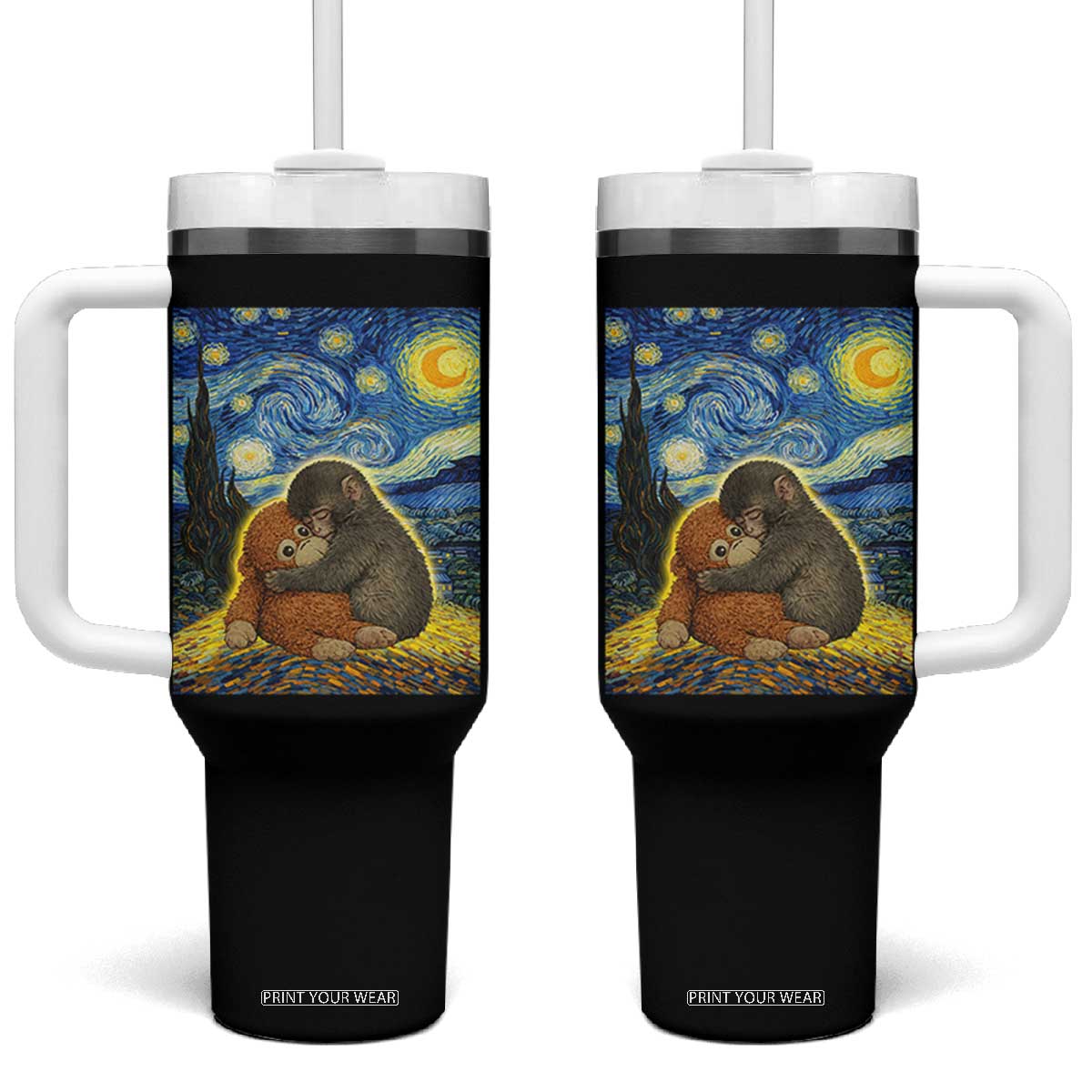 Punch Monkey Starry Night Viral Trend Tumbler With Handle TS14 One Size: 40 oz Black Print Your Wear