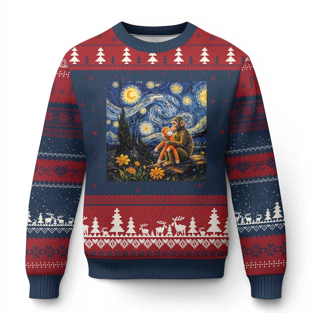 Baby Monkey Punch Starry Night Viral Trend Ugly Christmas Sweater TS14 Navy Red Print Your Wear