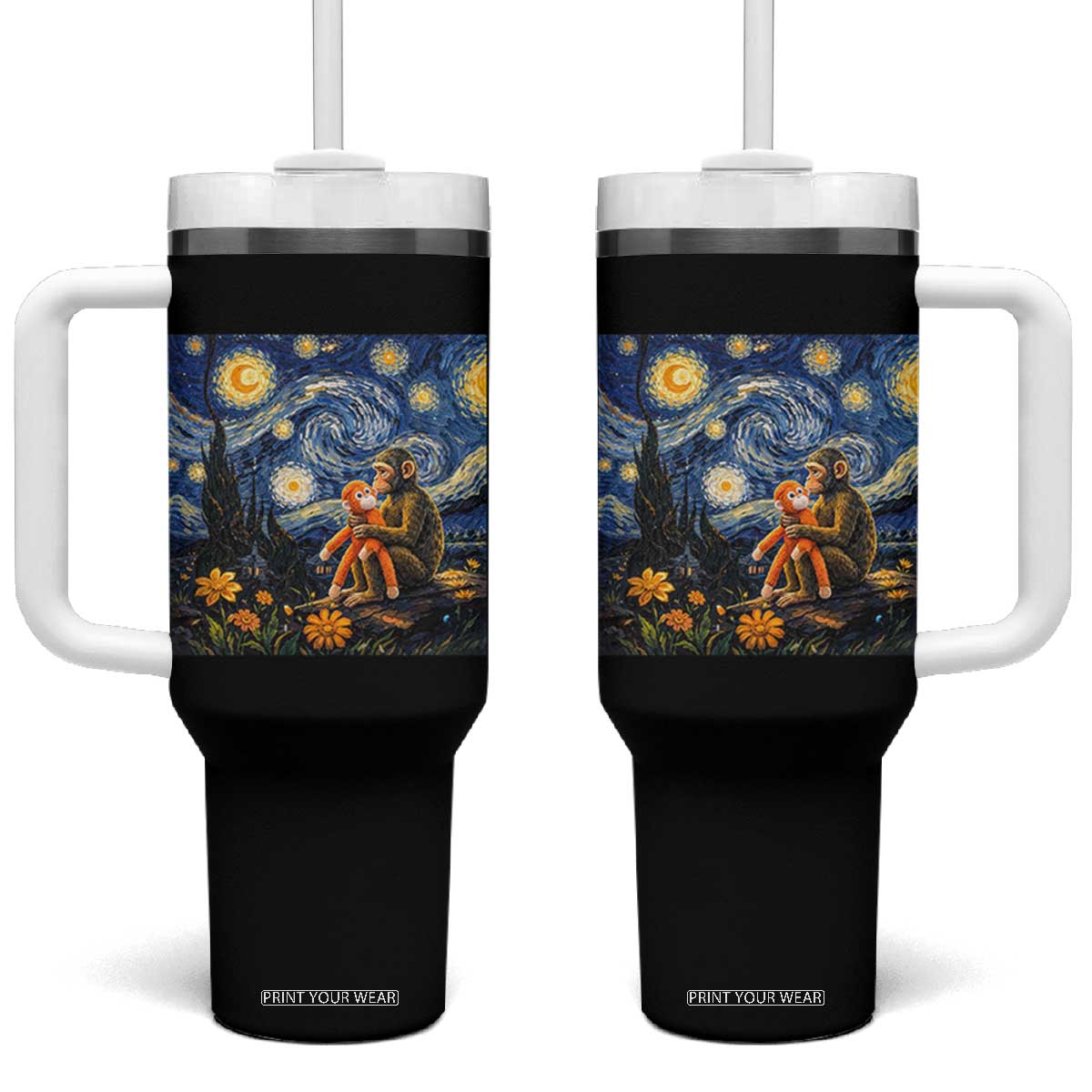 Baby Monkey Punch Starry Night Viral Trend Tumbler With Handle TS14 One Size: 40 oz Black Print Your Wear