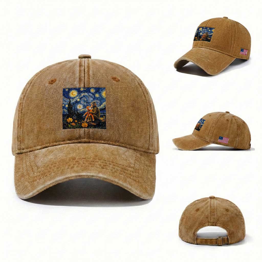 Baby Monkey Punch Starry Night Viral Trend Washed Cotton Baseball Cap TS14 Washed Cap Universal Fit Yellow Ochre Print Your Wear