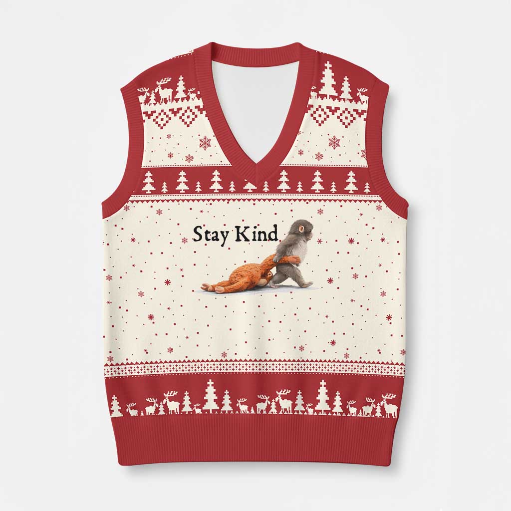 Punch The Monkey Meme V-Neck Knit Sweater Vest Stay Kind TS14 Beige Red Print Your Wear
