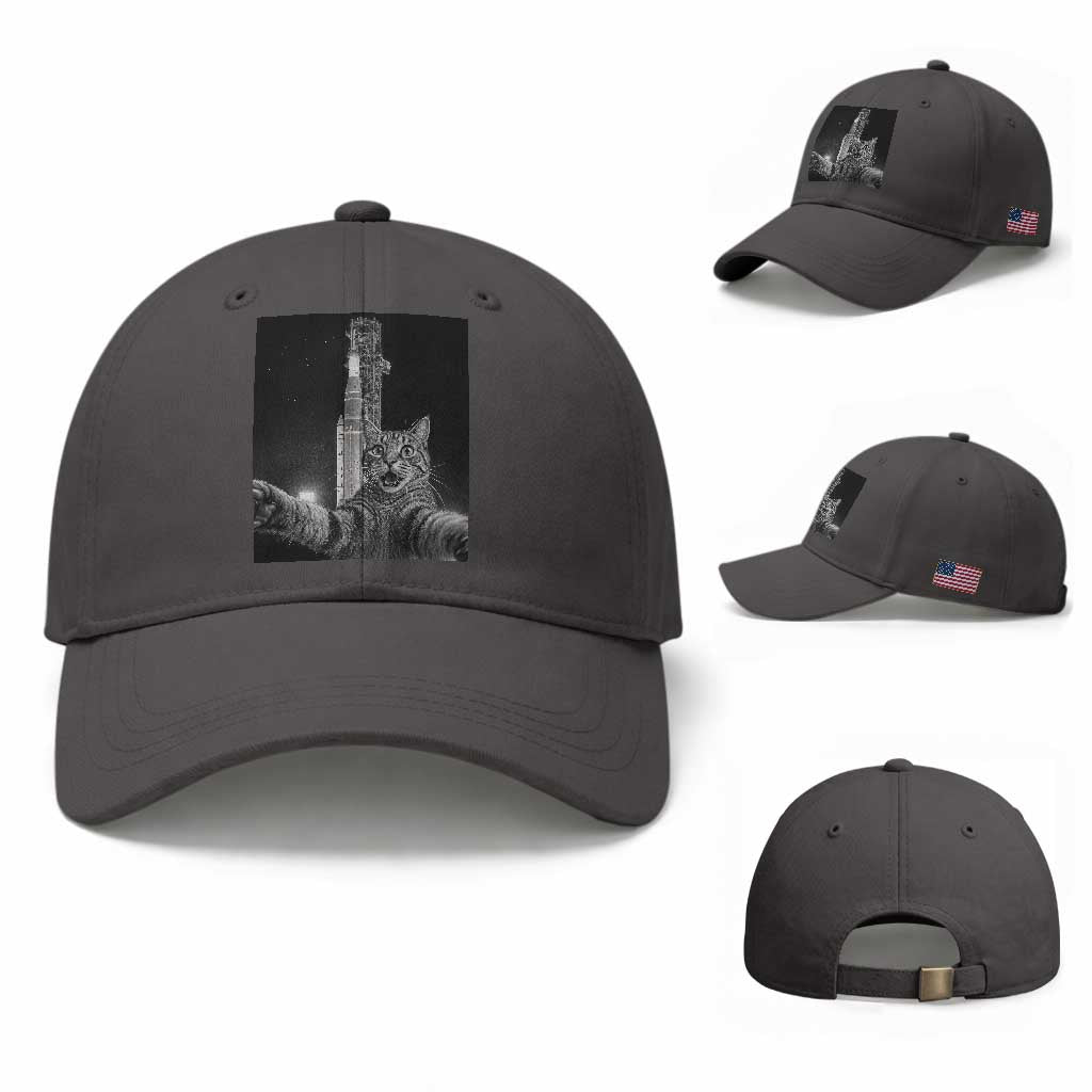 Funny Cat Selfie Lunar Mission 2026 Baseball Cap TS14 Baseball Cap Universal Fit Dark Gray Print Your Wear
