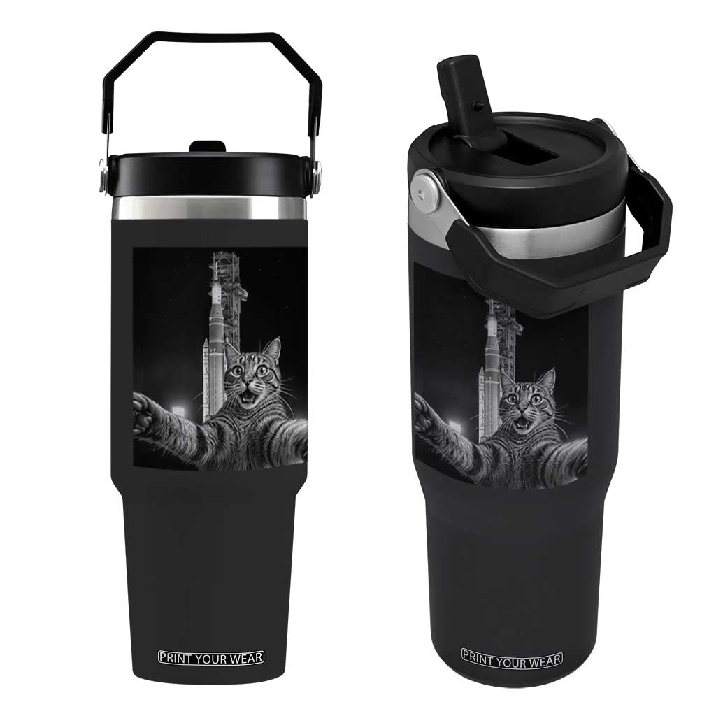 Funny Cat Selfie Lunar Mission 2026 Flip Straw Tumbler TS14 One Size: 30 oz Black Print Your Wear