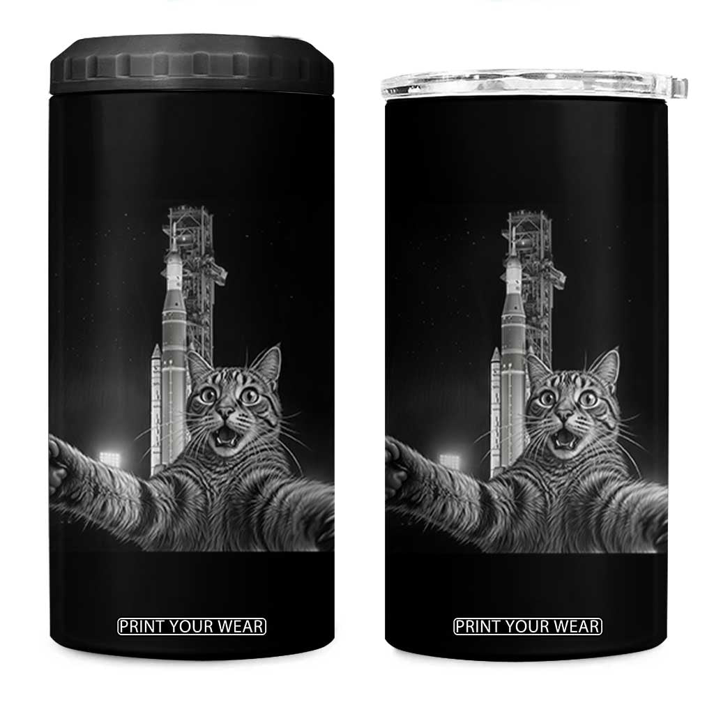 Funny Cat Selfie Lunar Mission 2026 4 in 1 Can Cooler Tumbler TS14 One Size: 16 oz Black Print Your Wear
