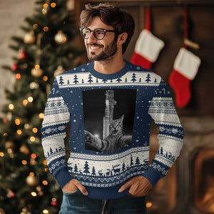 Funny Cat Selfie Lunar Mission 2026 Ugly Christmas Sweater TS14 Navy Beige Print Your Wear