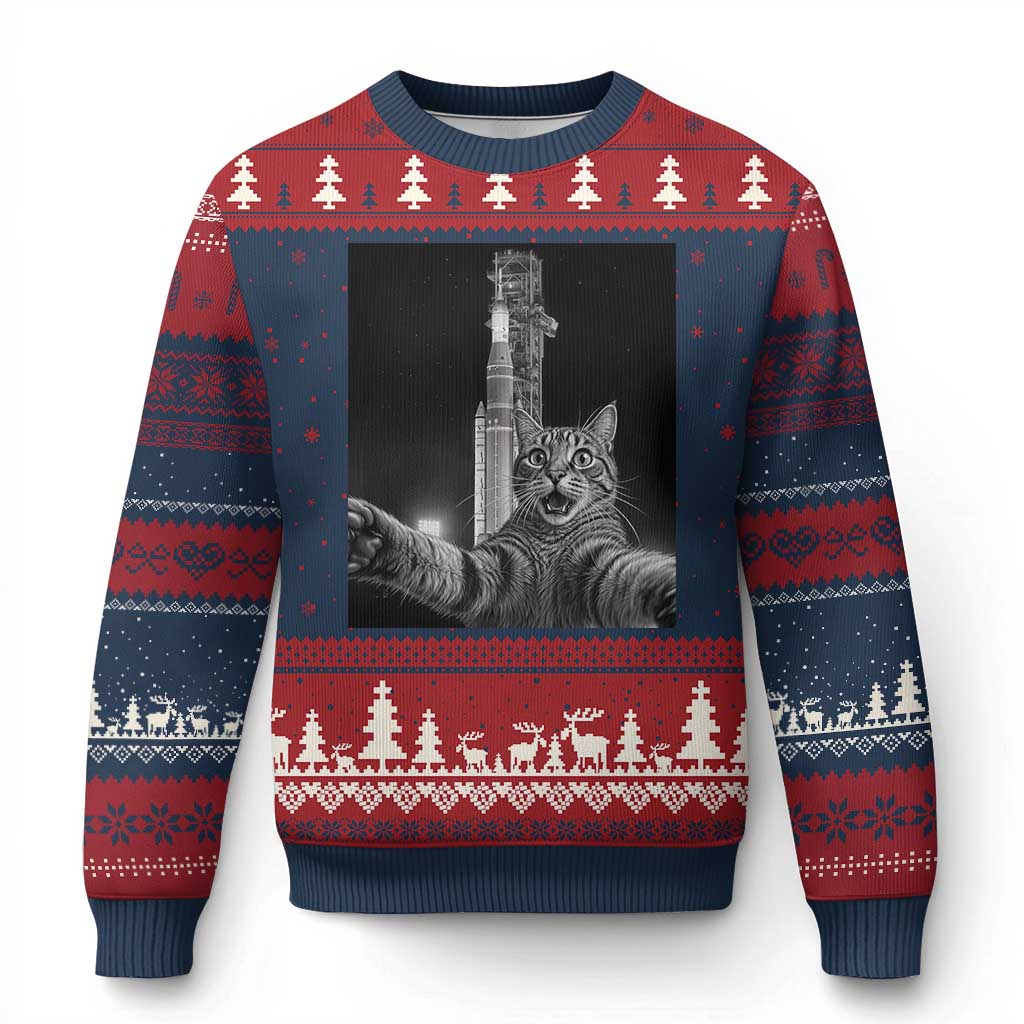 Funny Cat Selfie Lunar Mission 2026 Ugly Christmas Sweater TS14 Navy Red Print Your Wear