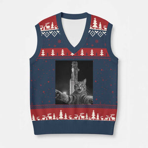 Funny Cat Selfie Lunar Mission 2026 V-Neck Knit Sweater Vest TS14 Navy Red Print Your Wear