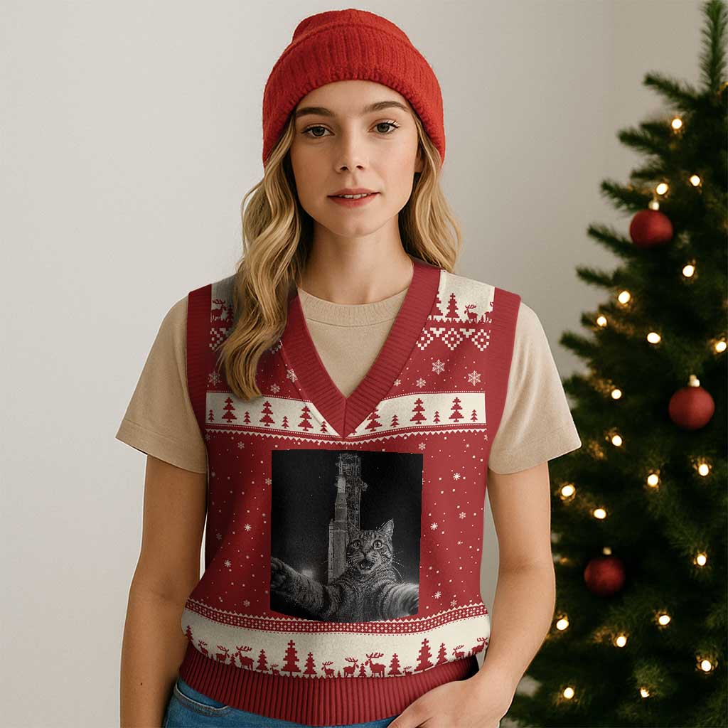 Funny Cat Selfie Lunar Mission 2026 V-Neck Knit Sweater Vest TS14 Red Beige Print Your Wear