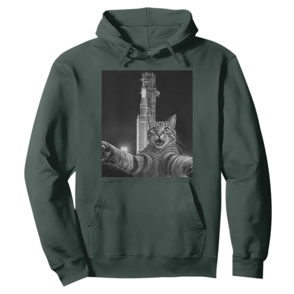 Funny Cat Selfie Lunar Mission 2026 Hoodie TS14 Dark Forest Green Print Your Wear