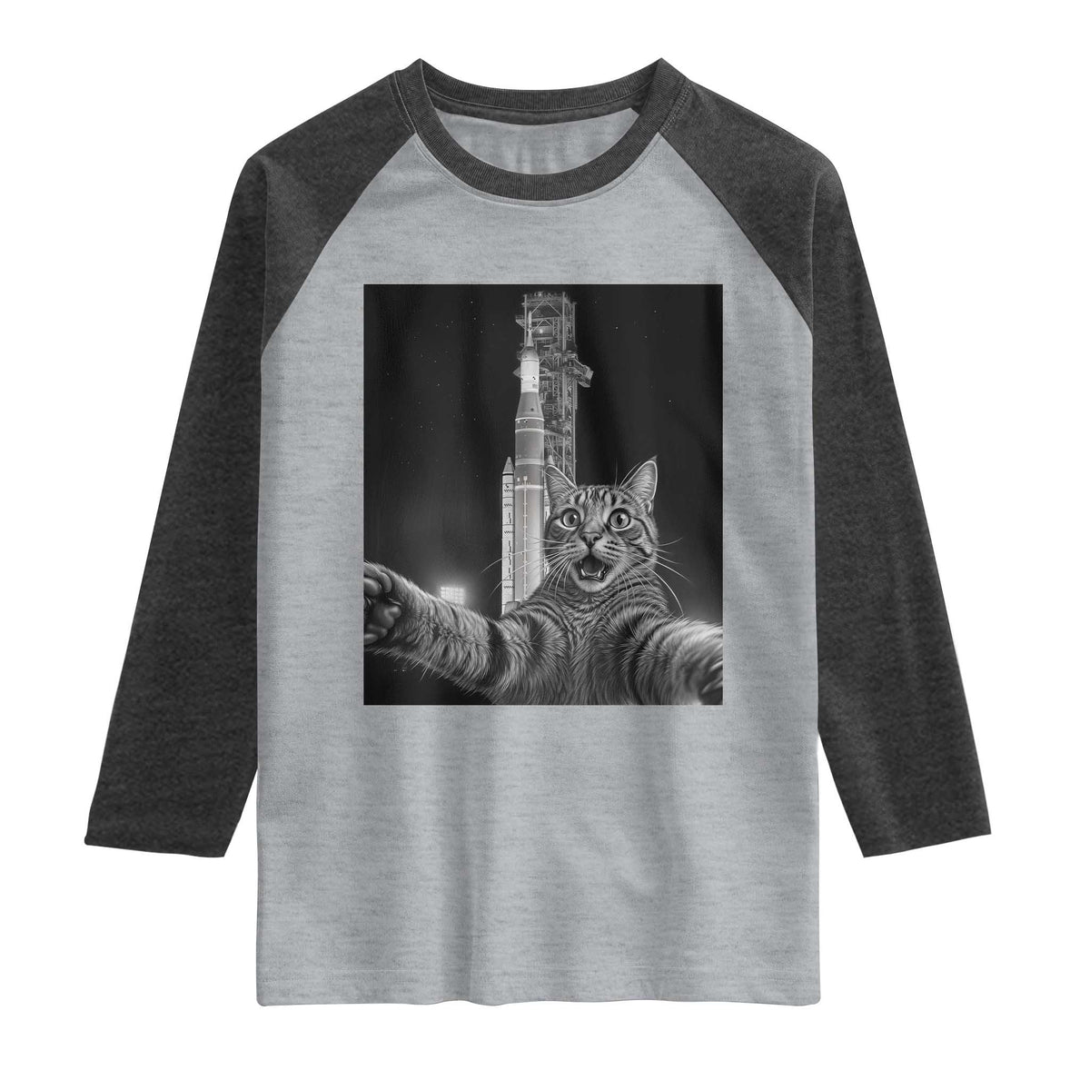 Funny Cat Selfie Lunar Mission 2026 Raglan Shirt TS14 Heather Gray Heather Charcoal Print Your Wear