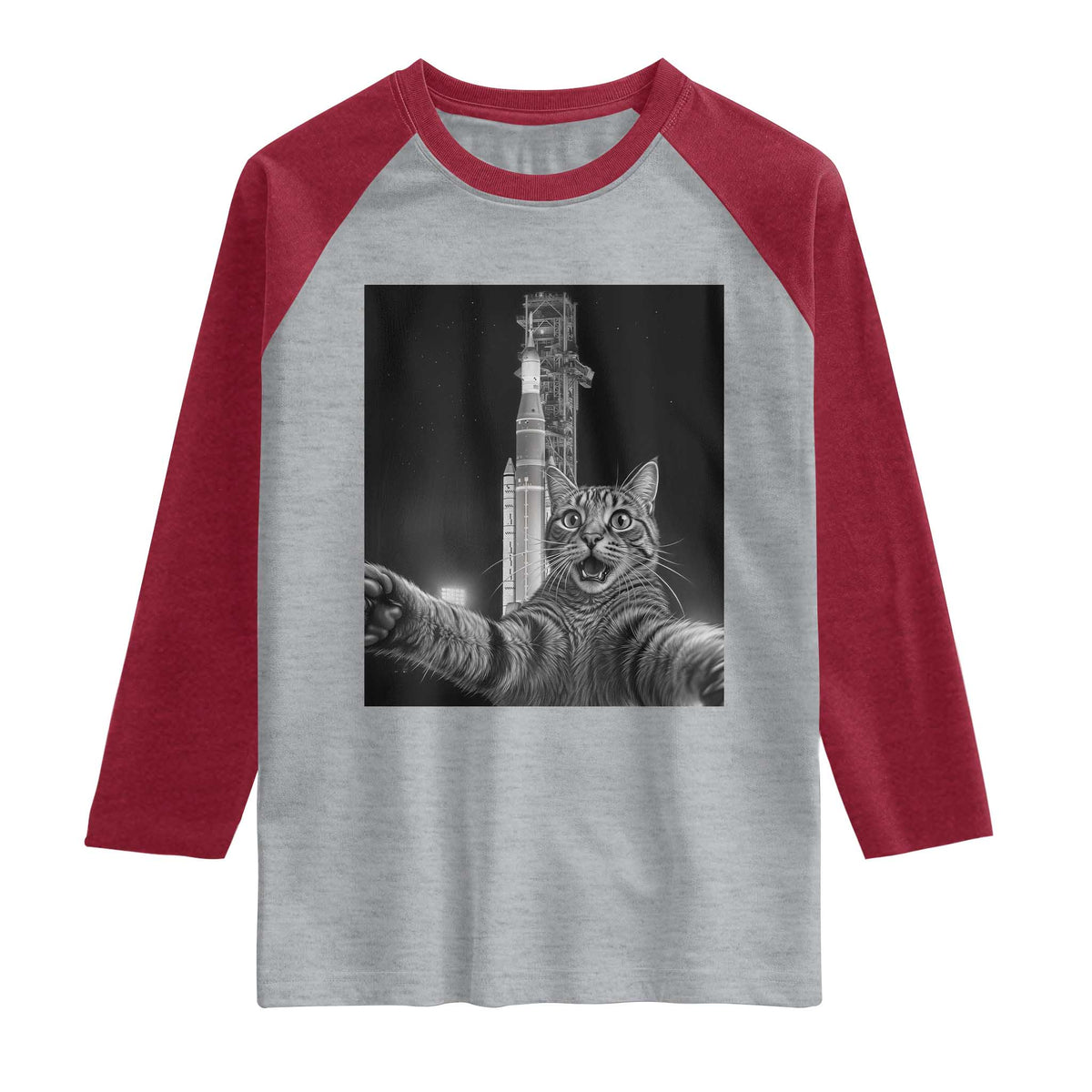 Funny Cat Selfie Lunar Mission 2026 Raglan Shirt TS14 Heather Gray Heather Red Print Your Wear