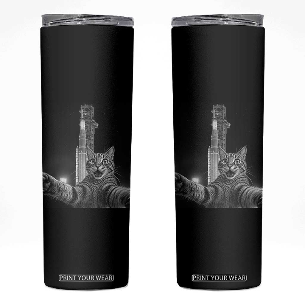 Funny Cat Selfie Lunar Mission 2026 Skinny Tumbler TS14 Black Print Your Wear