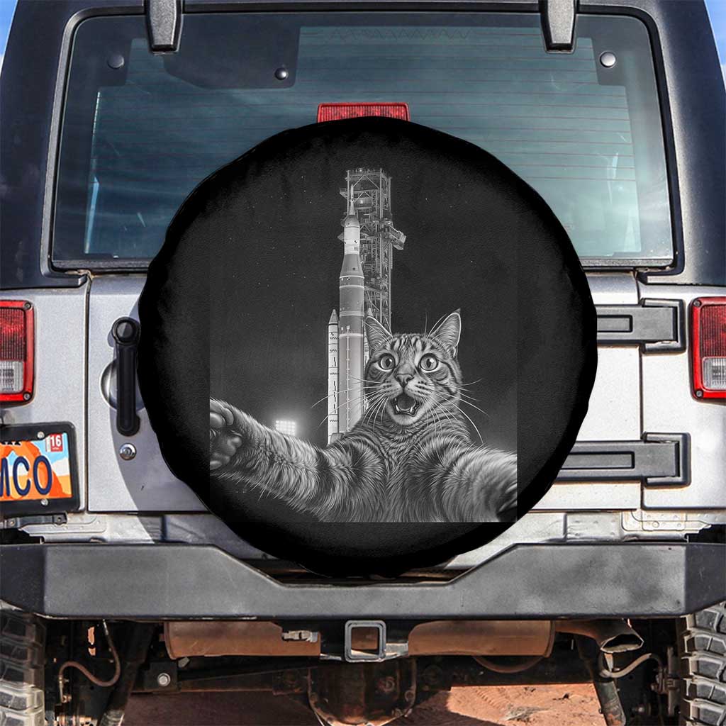 Funny Cat Selfie Lunar Mission 2026 Spare Tire Cover TS14 No hole Black Print Your Wear