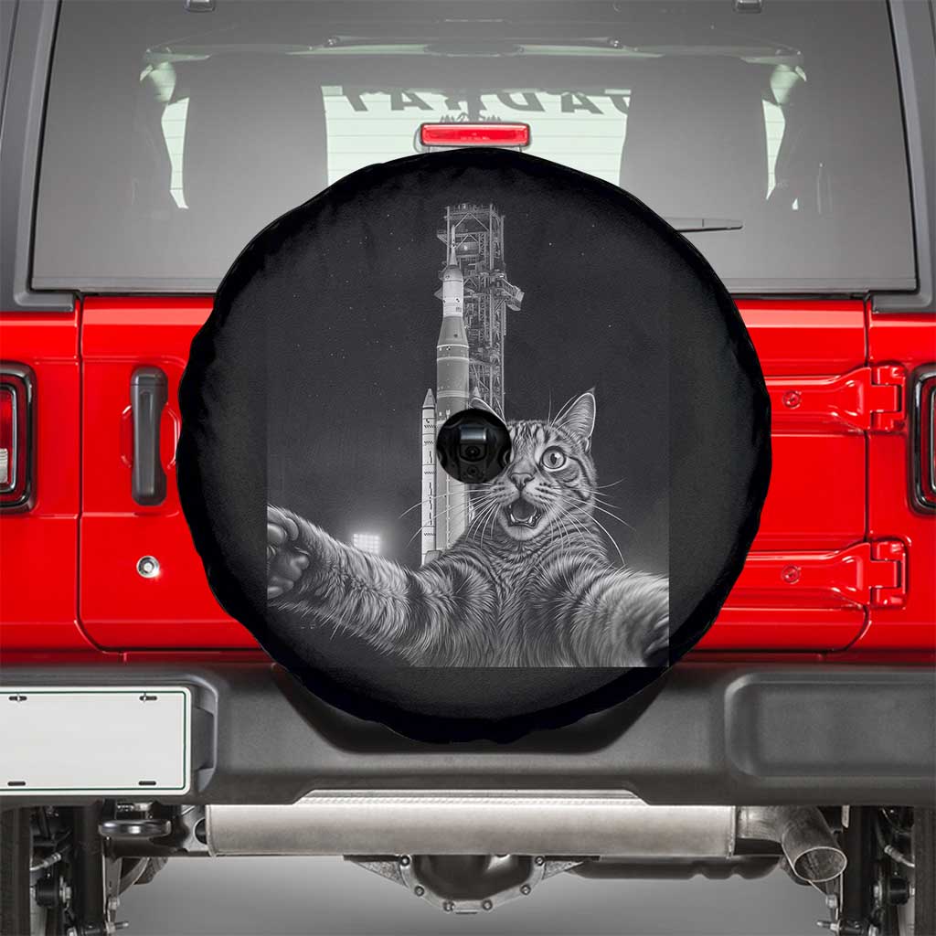 Funny Cat Selfie Lunar Mission 2026 Spare Tire Cover TS14 Black Print Your Wear