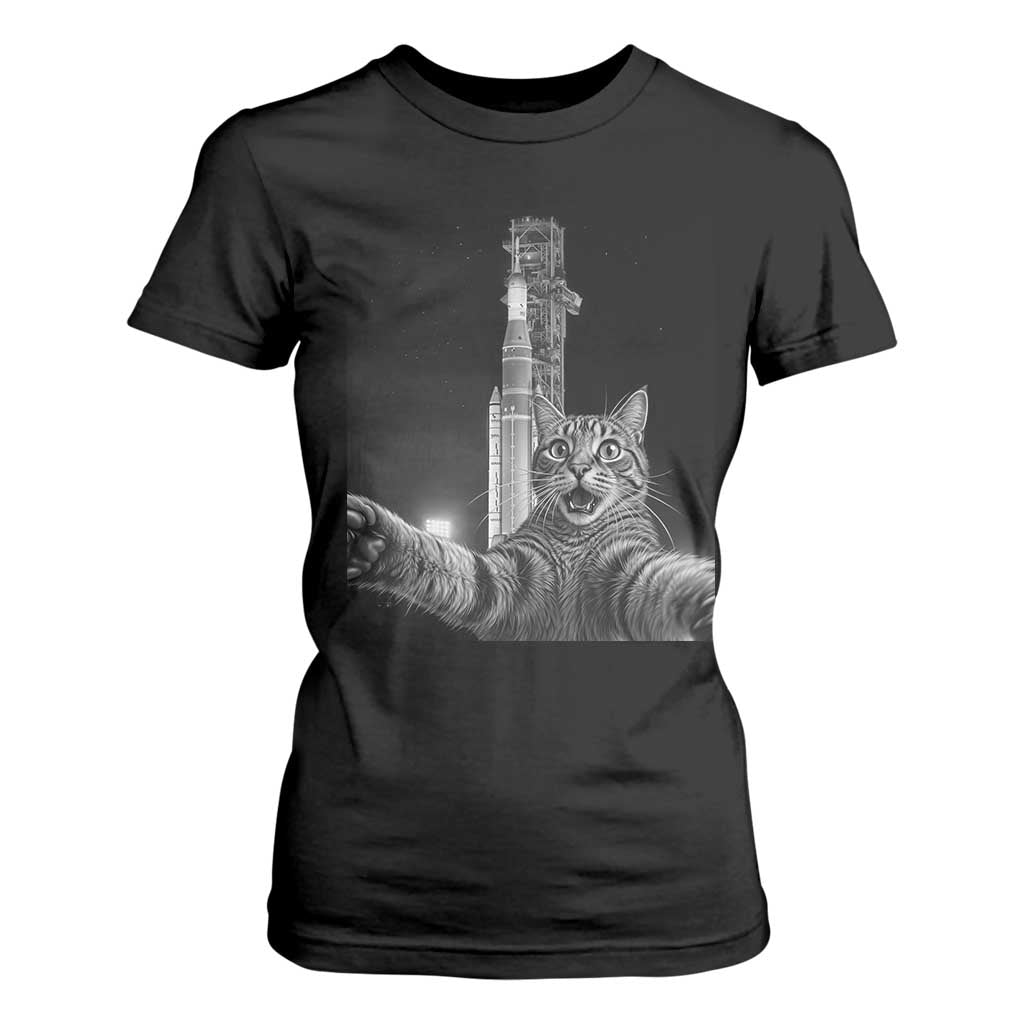 Funny Cat Selfie Lunar Mission 2026 T Shirt For Women TS14 Black Print Your Wear