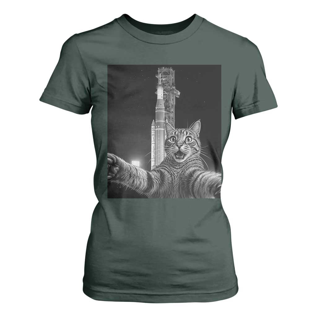 Funny Cat Selfie Lunar Mission 2026 T Shirt For Women TS14 Dark Forest Green Print Your Wear