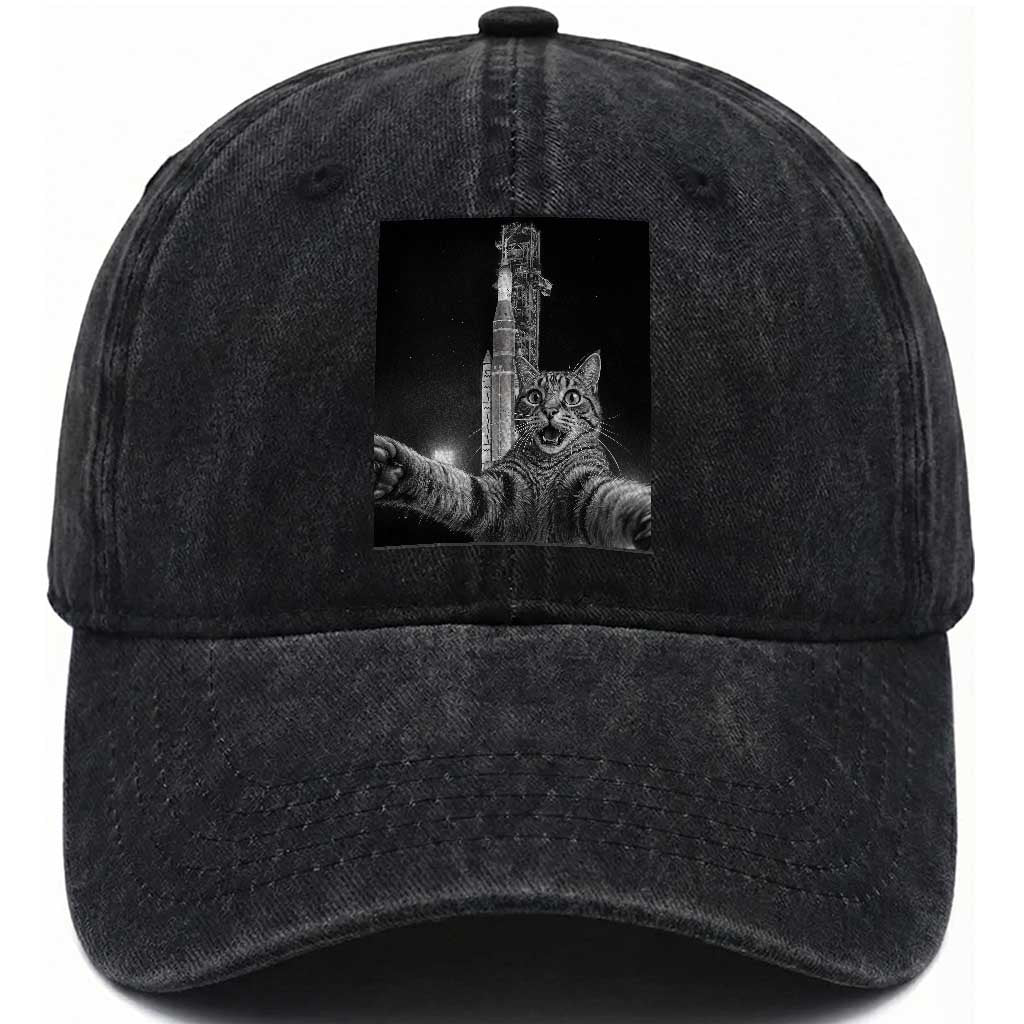 Funny Cat Selfie Lunar Mission 2026 Washed Cotton Baseball Cap TS14 Print Your Wear